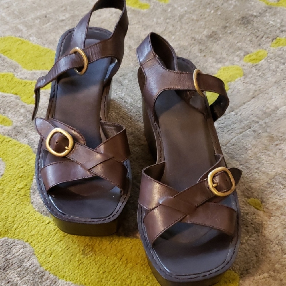 Brown Nine West platform wedge sandals